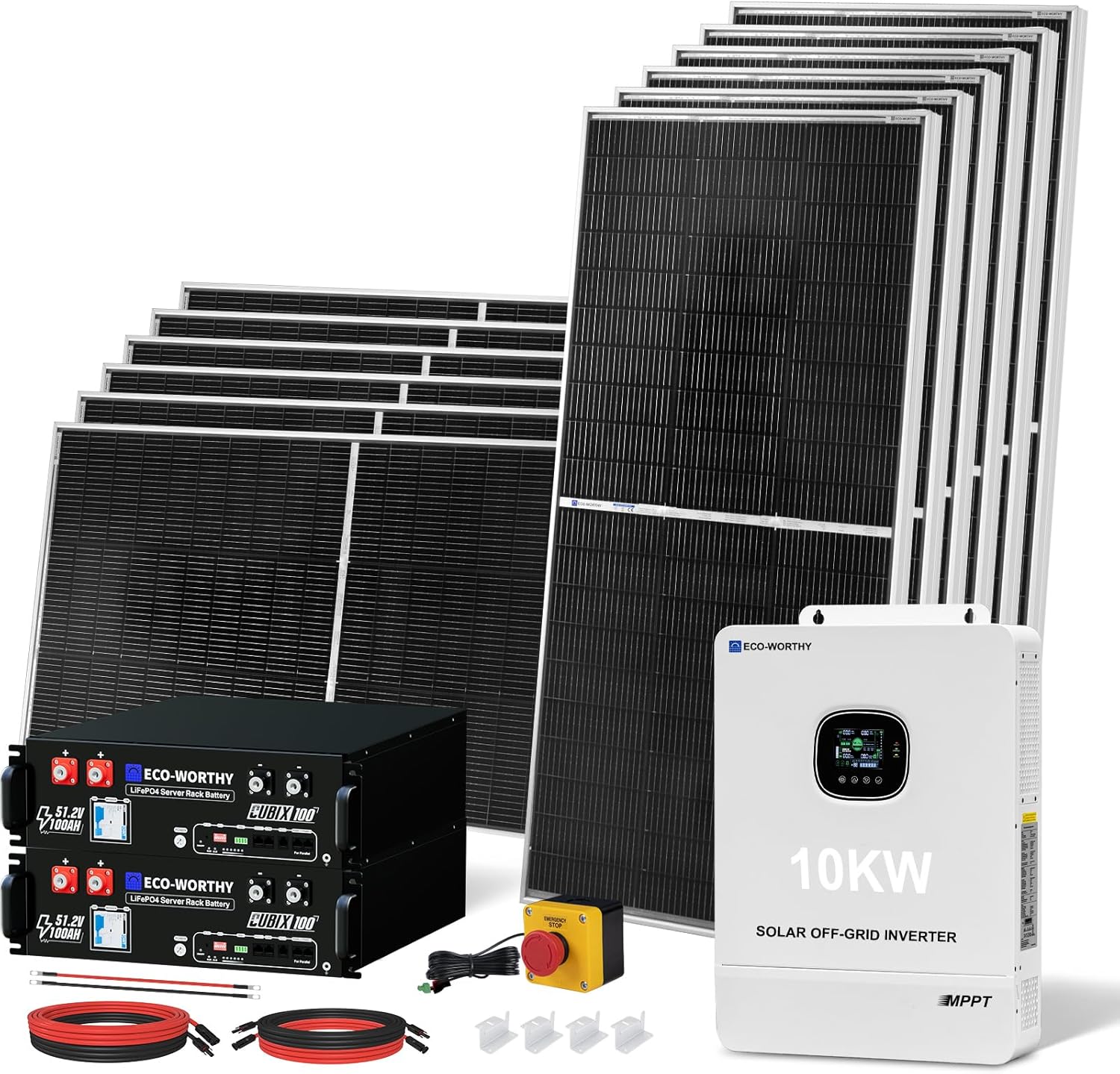 Eco-Worthy solar kit with solar panels, two server rack batteries, and a 10KW off-grid inverter